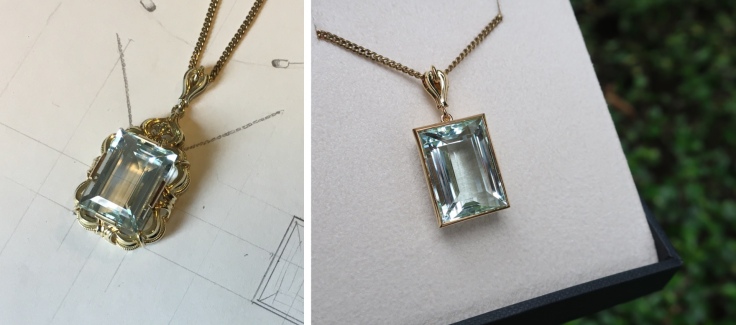 Aquamarine pendant before and after