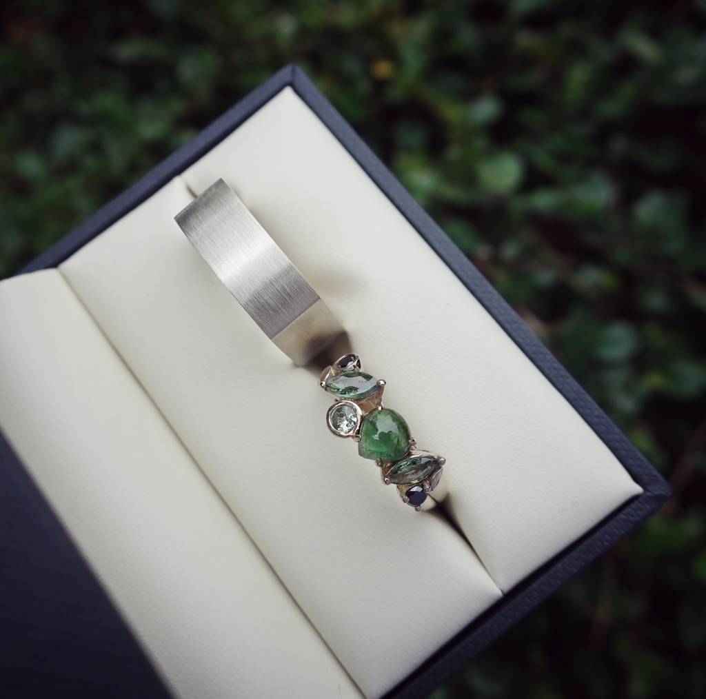 Gemstone wedding ring and modern matte ring